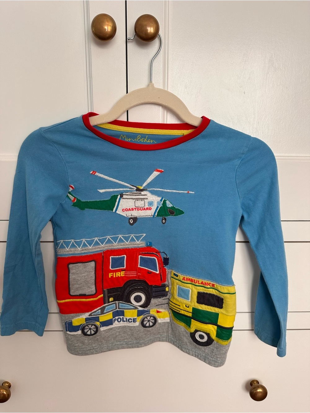 Mini Boden Blue Long-Sleeve Tee with Rescue Vehicle Appliqués